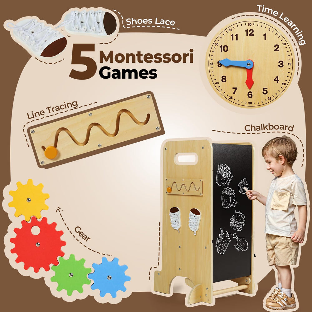 JUZBOT Toddler Tower adjustable-heights setting shows 3 levels to grow with child.