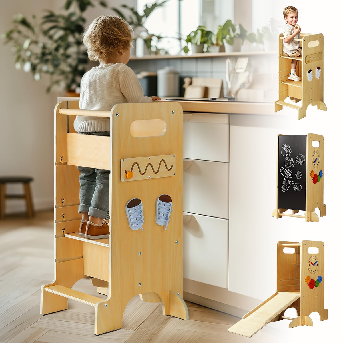 JUZBOT Toddler Tower kitchen-stool at counter height for shared cooking moments.