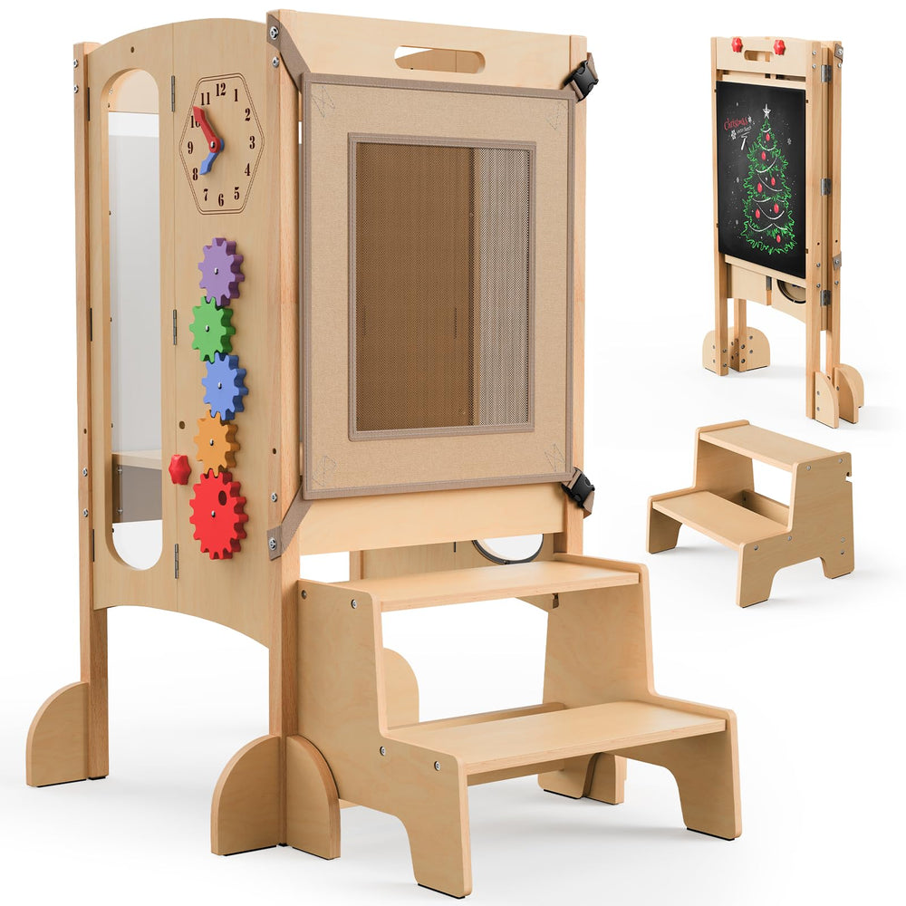 JUZBOT toddler tower folded and stowed for space-saving storage.