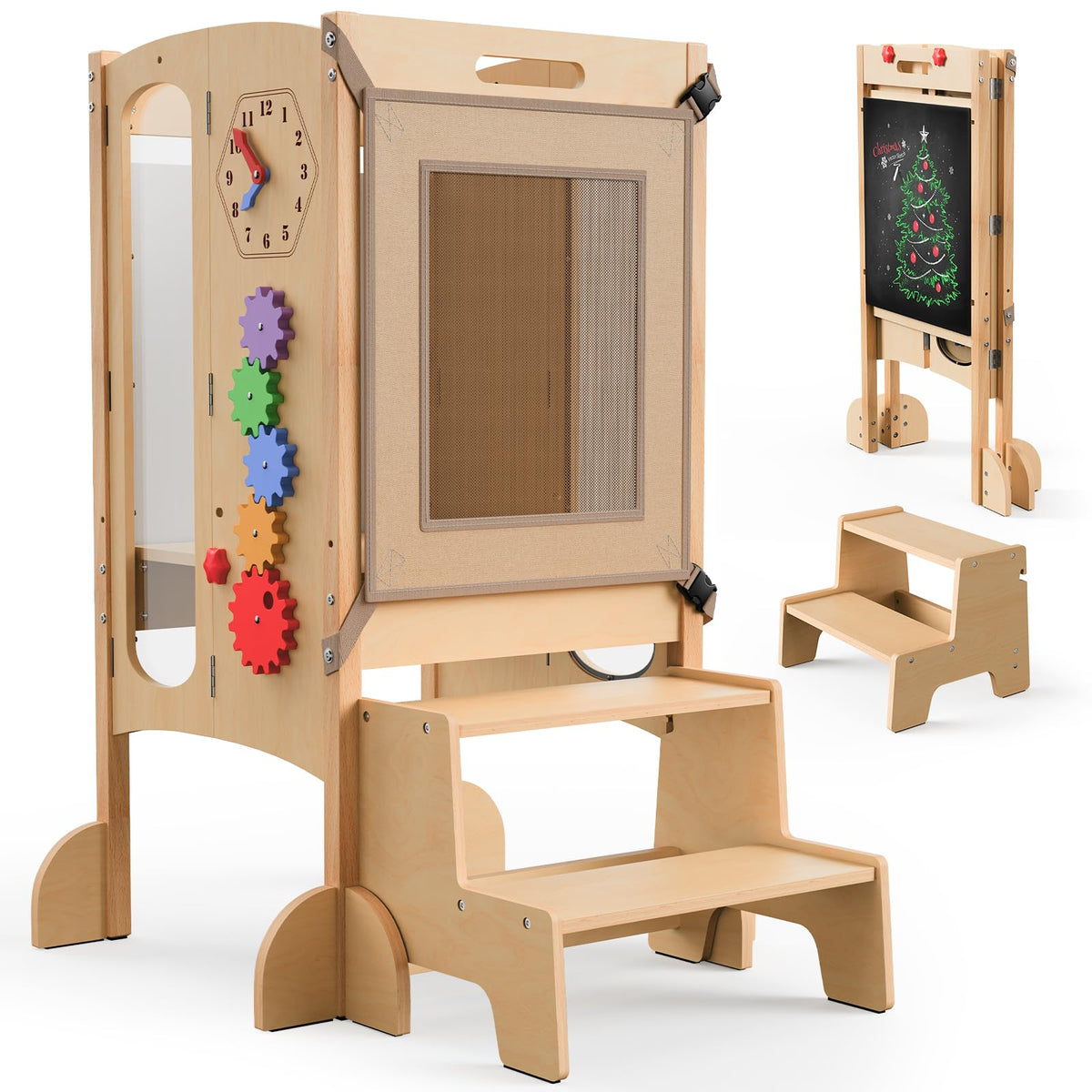 JUZBOT toddler tower folded and stowed for space-saving storage.