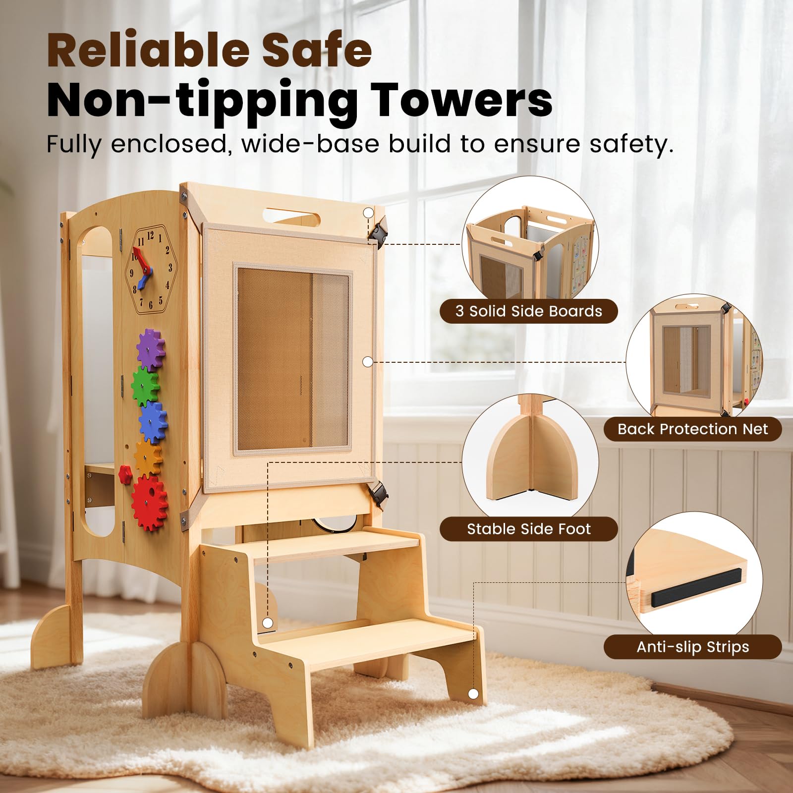JUZBOT toddler tower height adjustable to fit a growing child.