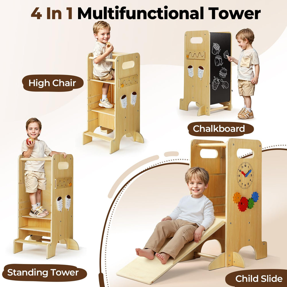 JUZBOT Toddler Tower high-chair function gives toddlers a secure seat during meals.