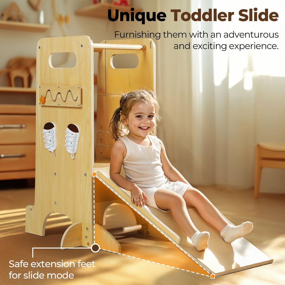 JUZBOT Toddler Tower safety-board view emphasizes added back support and stability.