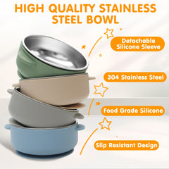 JVEOO 2-in-1 bowl with removable silicone sleeve for easy self-feeding