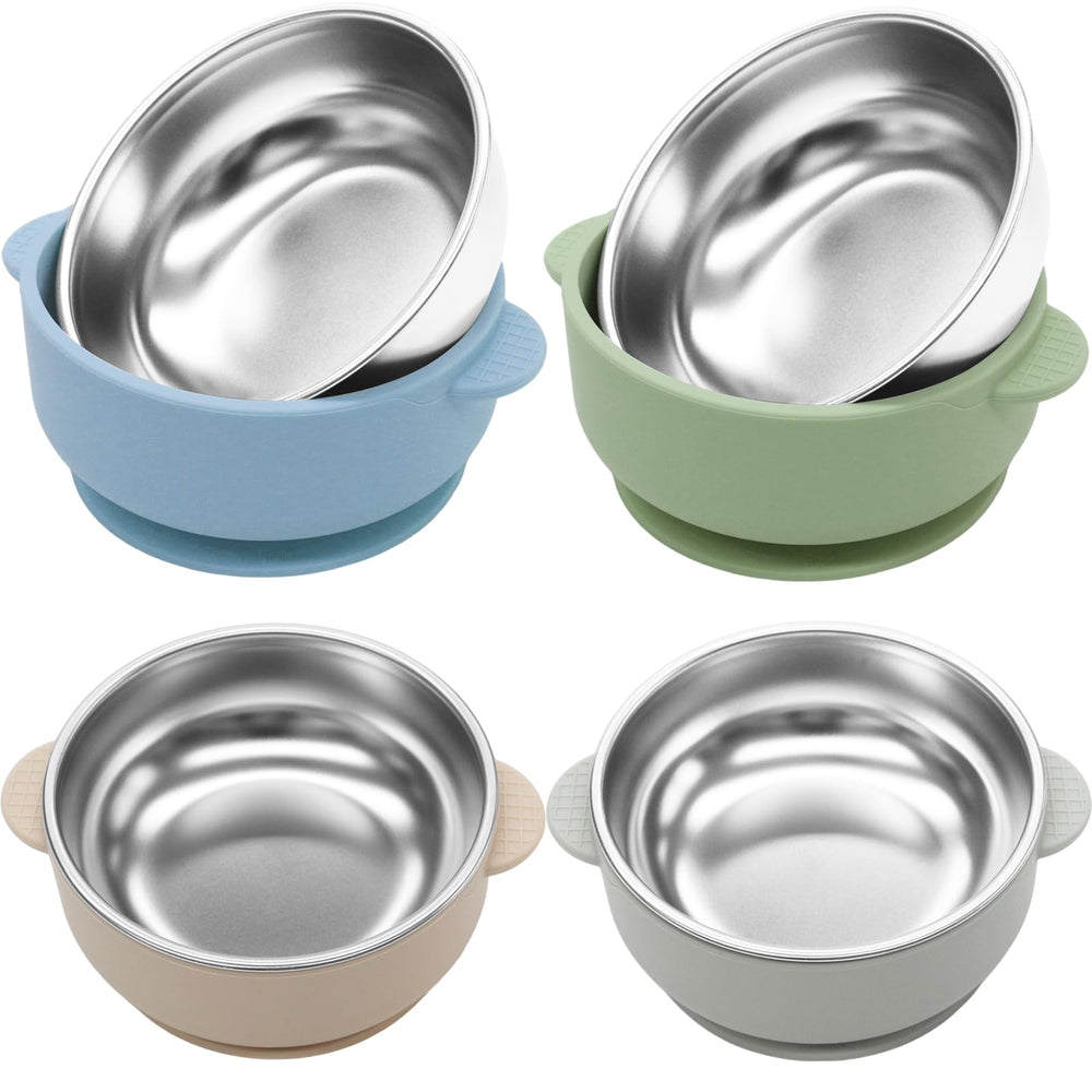 JVEOO 4-pack stainless-steel bowls with suction secured to a tray for mess-free feeding