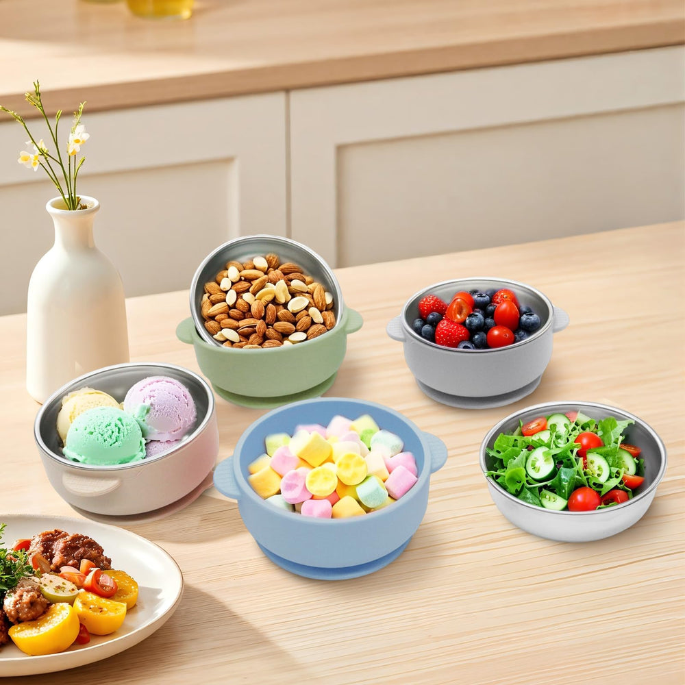 JVEOO bowls ready for use on highchair trays to prevent spills