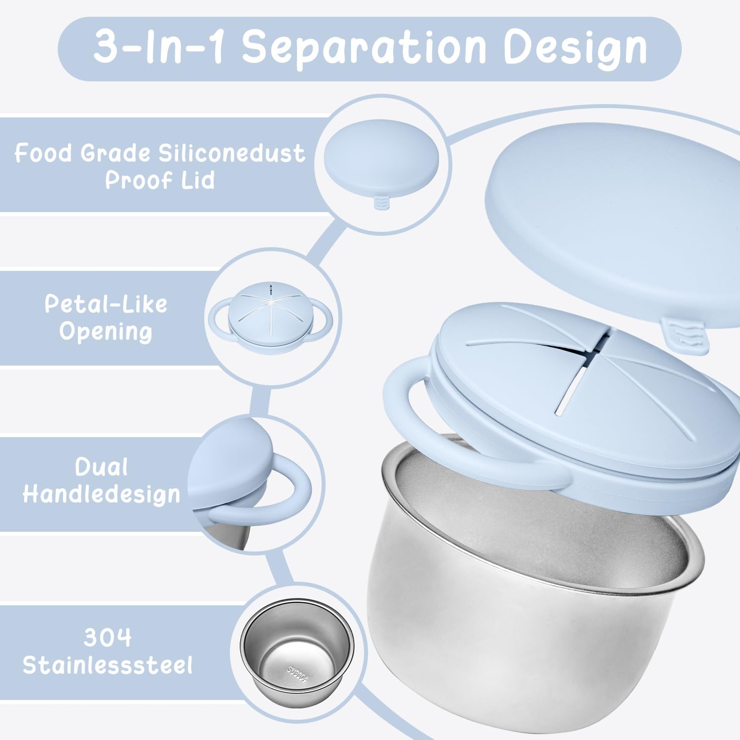 JVEOO stainless-steel base emphasizes durability and non-toxic materials for little snacks.