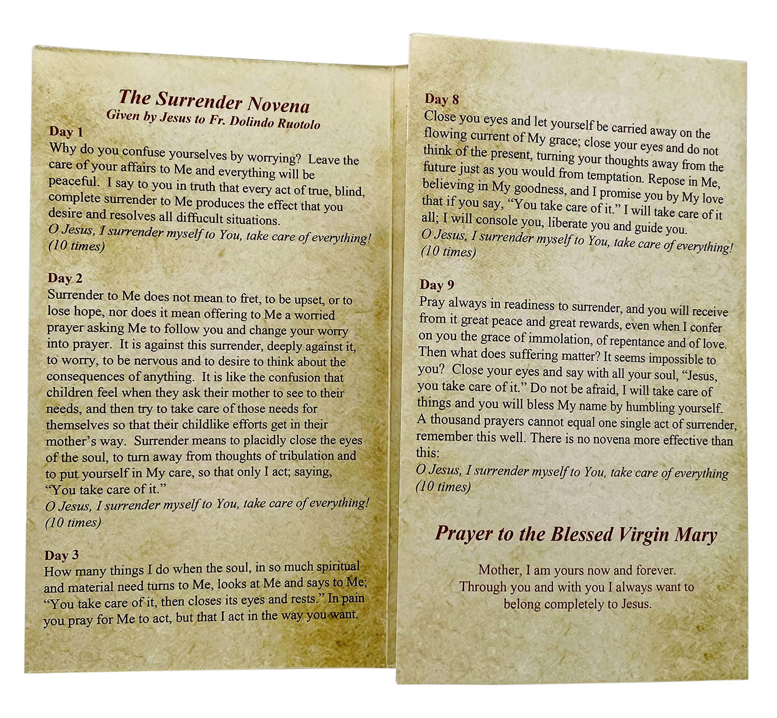 JWG Industries Surrender Novena displayed on table for personal prayer setup