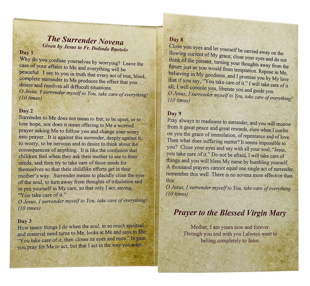 JWG Industries Surrender Novena displayed on table for personal prayer setup