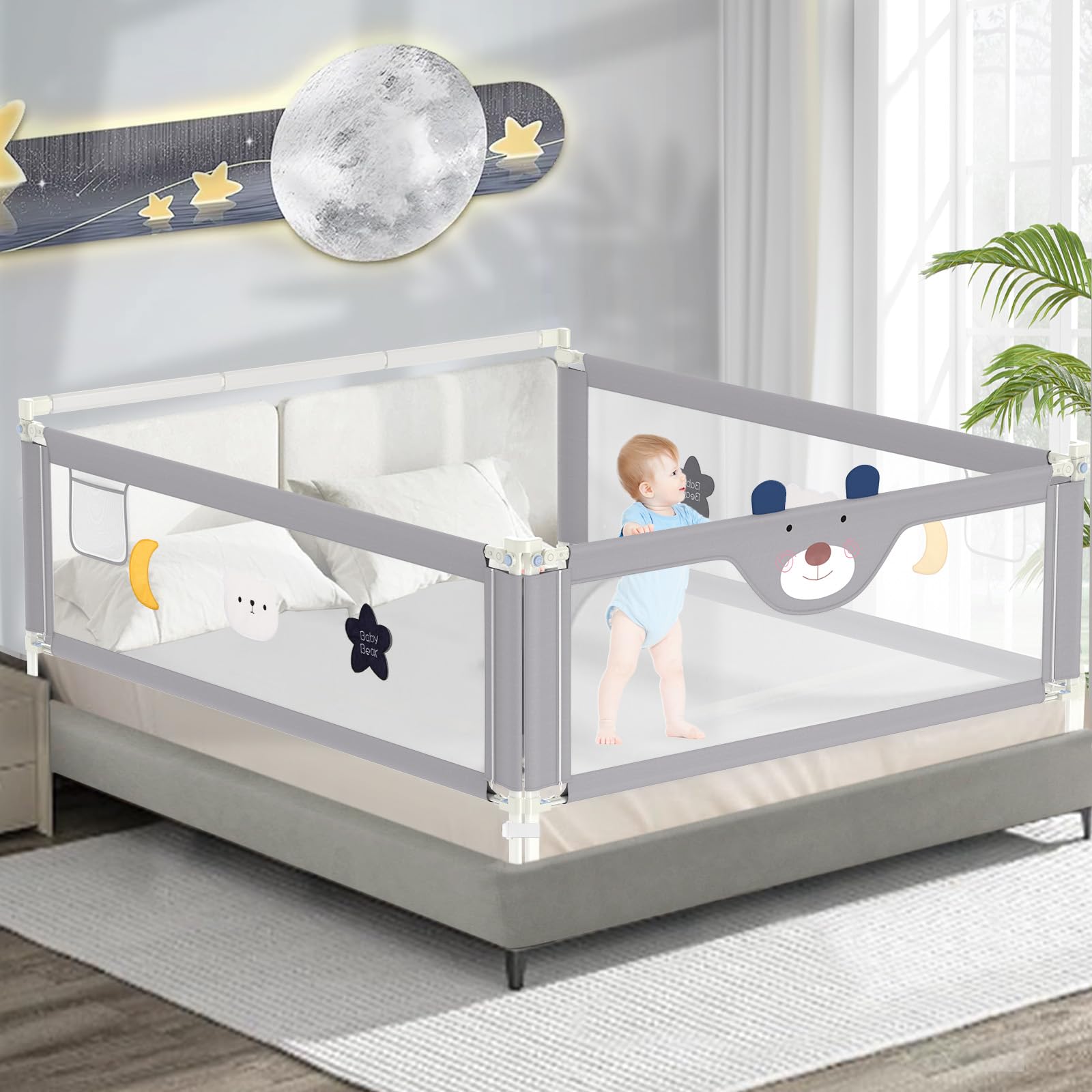 JWPEHOE bed rail headboard-rod demonstrates integrated safety for toddler sleep.