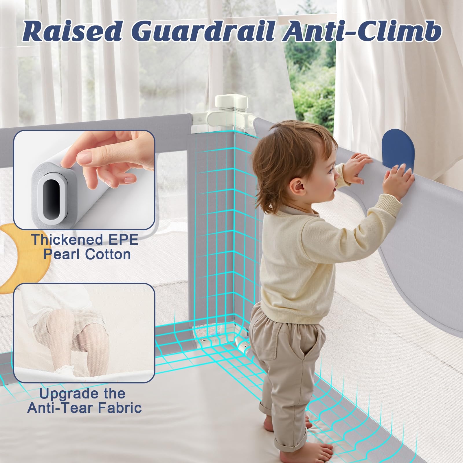 JWPEHOE bed-rail soft EPE cushion provides gentle anti-collision protection.