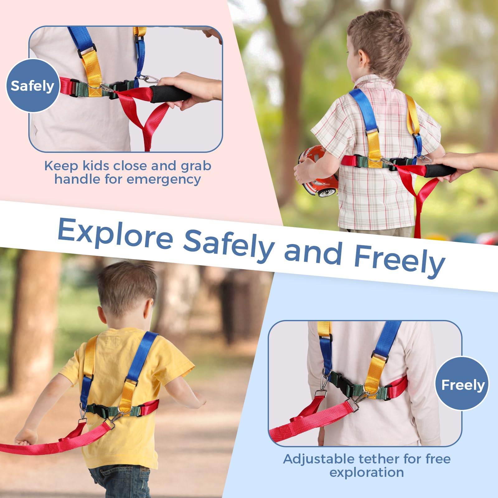 JXM safety harness with adjustable shoulder and waist for growing kids.