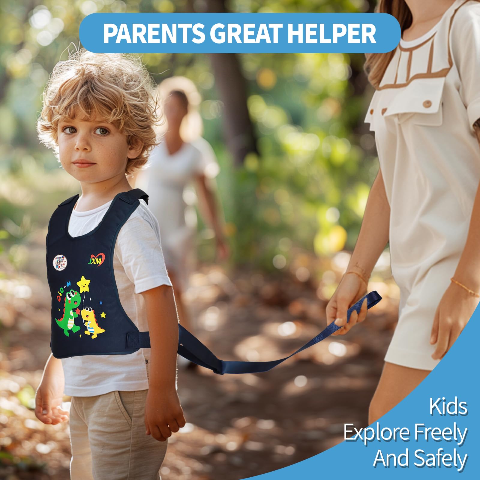 JXM Safety Harness dinosaur pattern adds playful visuals that encourage wearing during adventures.