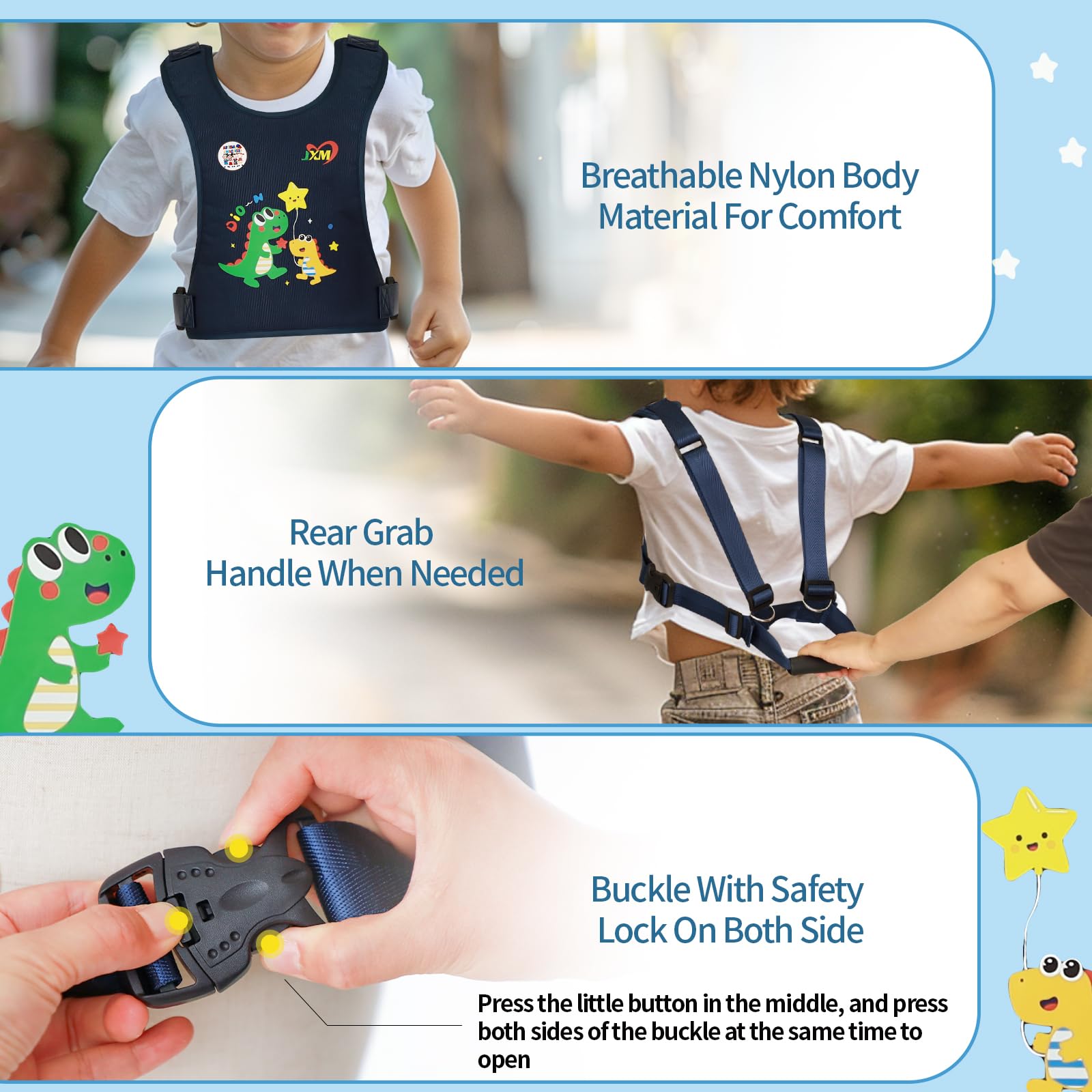 JXM Safety Harness quick grab handle demonstrates easy control during crowded venues.