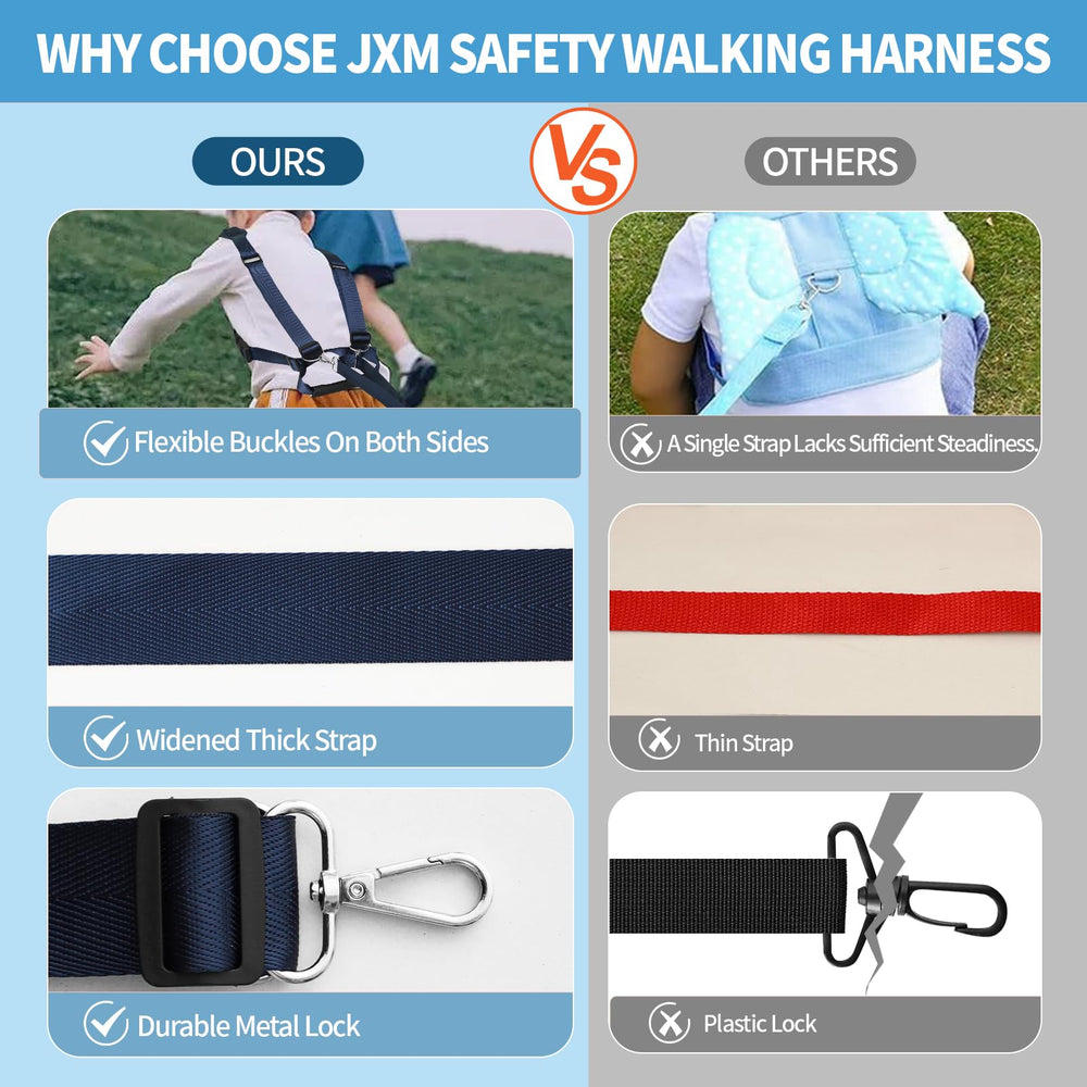 JXM Safety Harness shoulder and waist adjusters illustrate a grow-with-me, comfortable fit.