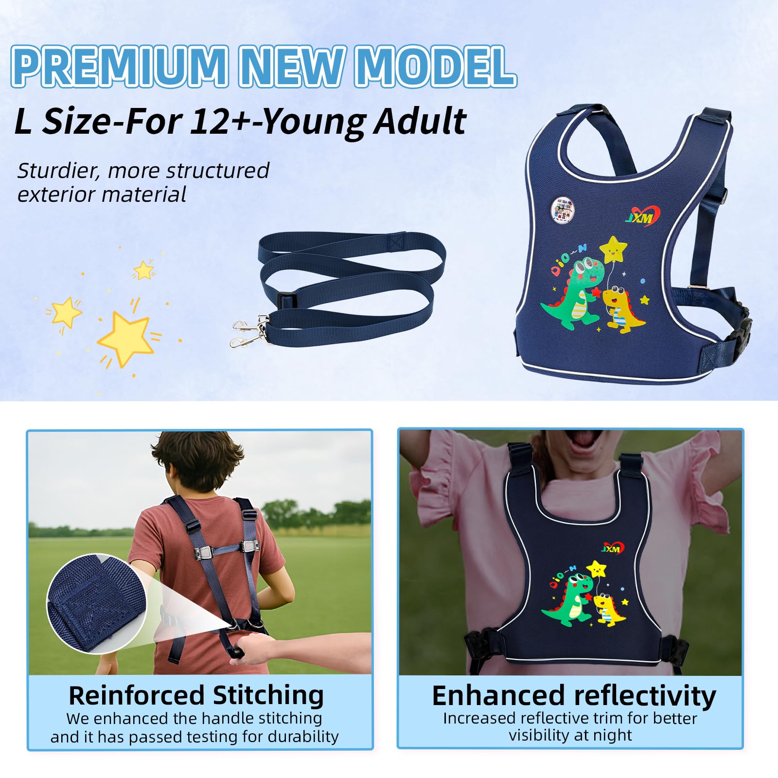 JXM safety walking harness adjustable-tether demonstrates growing independence during outings.