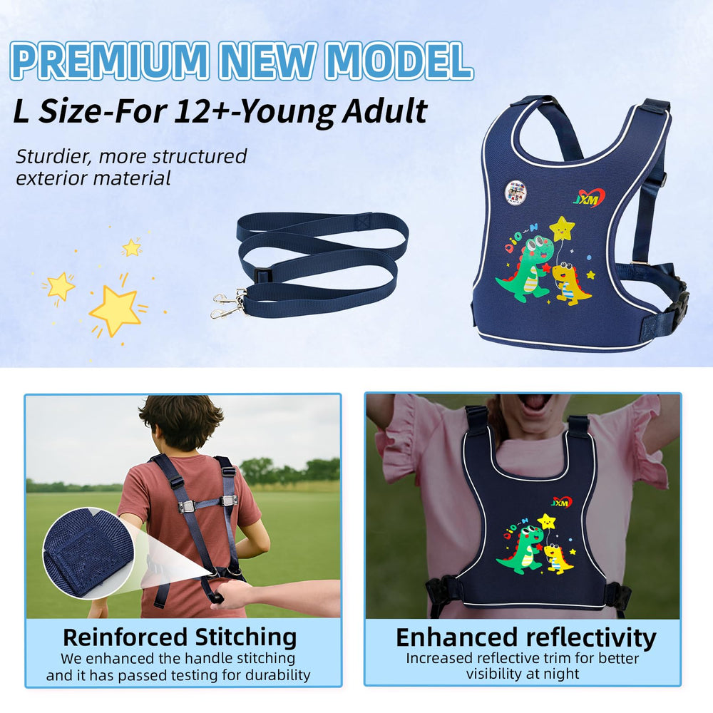 JXM safety walking harness adjustable-tether demonstrates growing independence during outings.