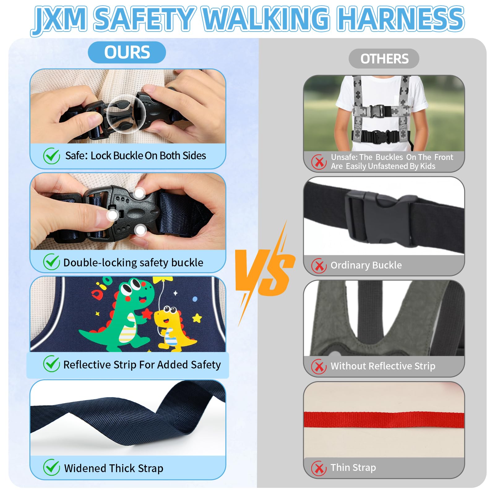 JXM safety walking harness back-handle enables discreet caregiver assistance when needed.