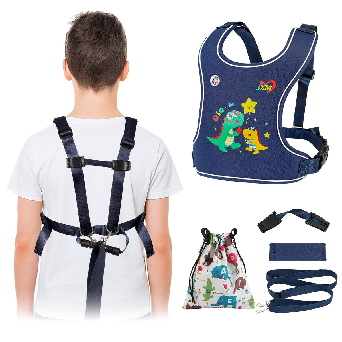 JXM safety walking harness back-pocket view shows easy-access storage for essentials.