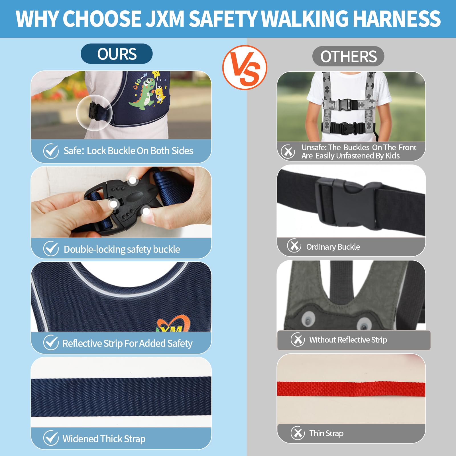 JXM back tether extends for flexible crowd control during travel.