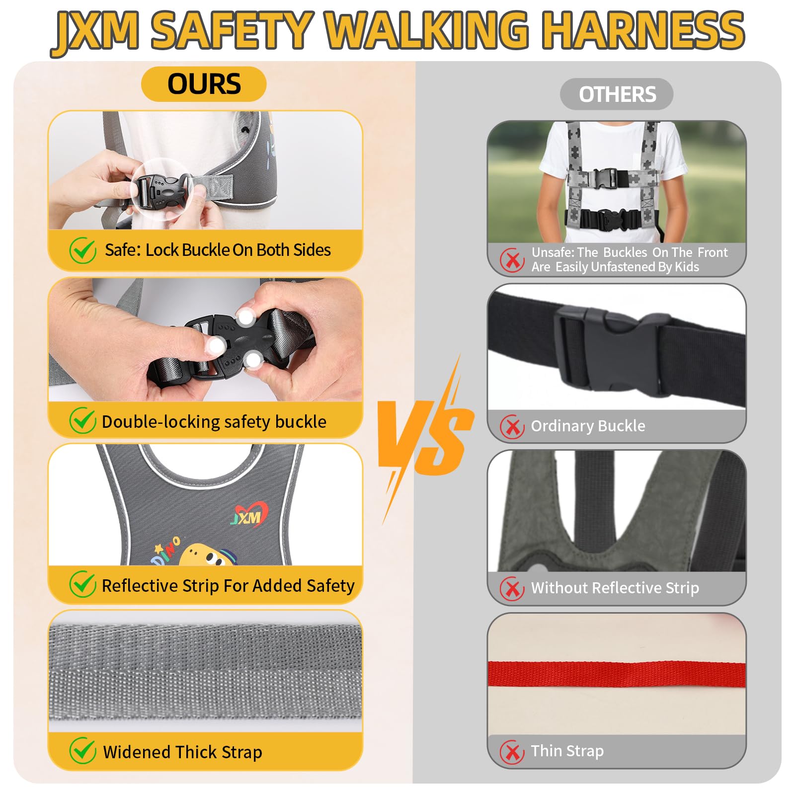 JXM harness back pouch detail demonstrates snack storage for on-the-go moments.