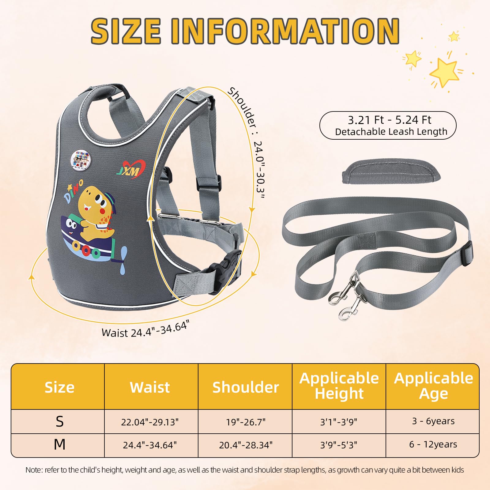 JXM back tether extends from 3.2 to 5.2 feet for flexible reach.