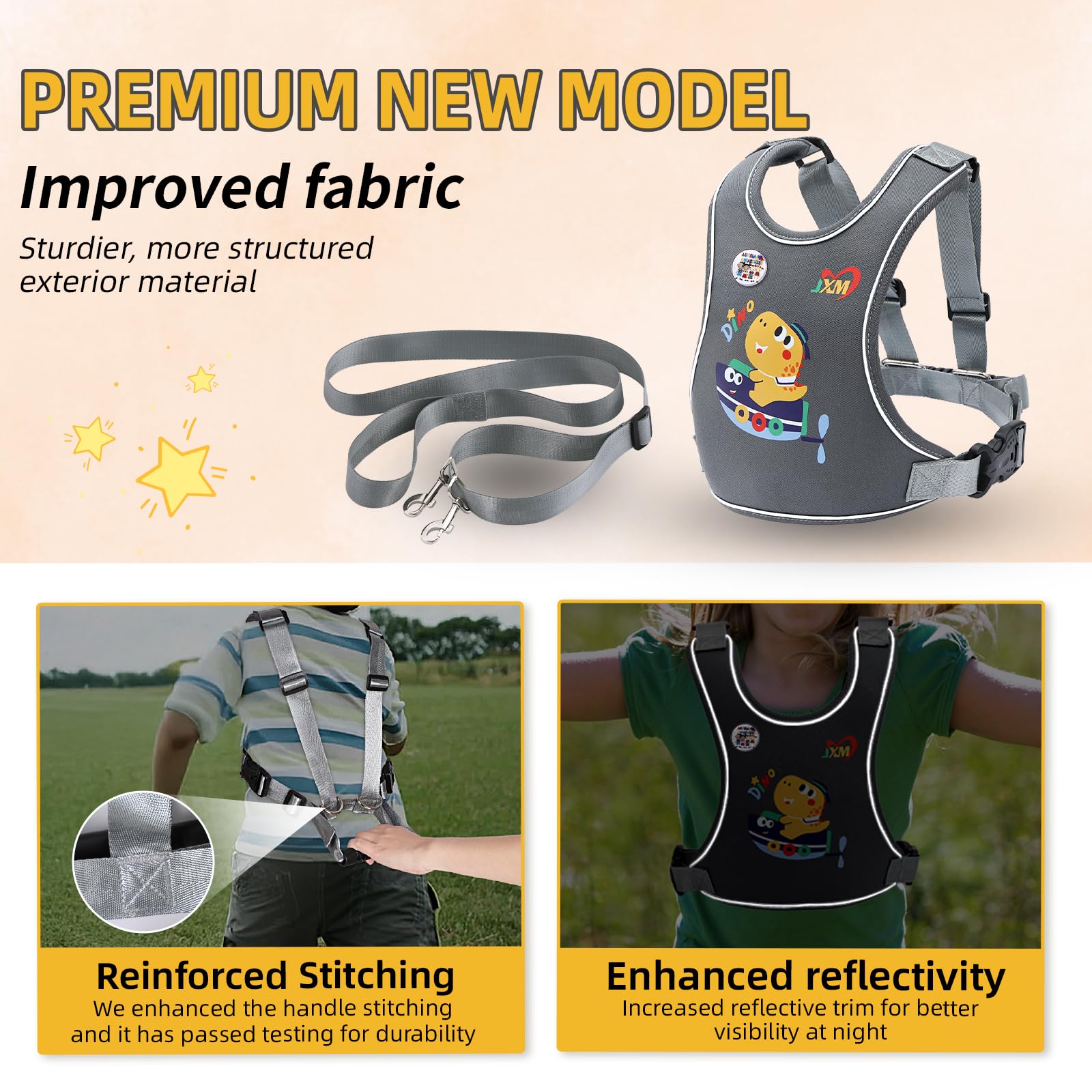 JXM harness shows secure dual-side buckle closures for reliable fitting.