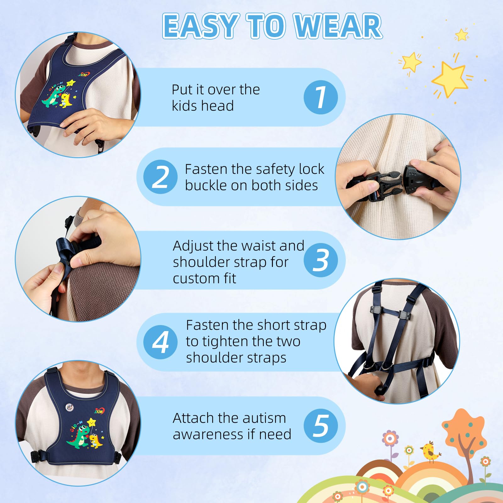 JXM safety walking harness discreet-design blends with clothing for low-profile supervision.