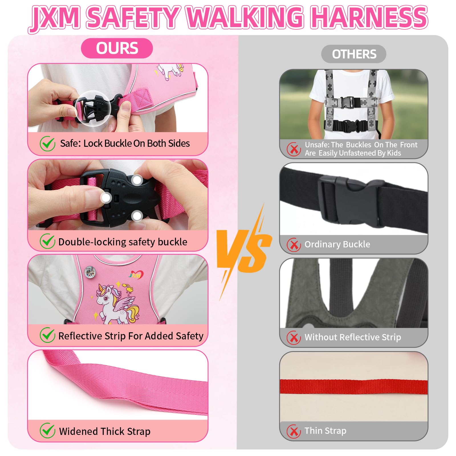 JXM safety walking harness dual-lock buckles for secure, caregiver-controlled use.