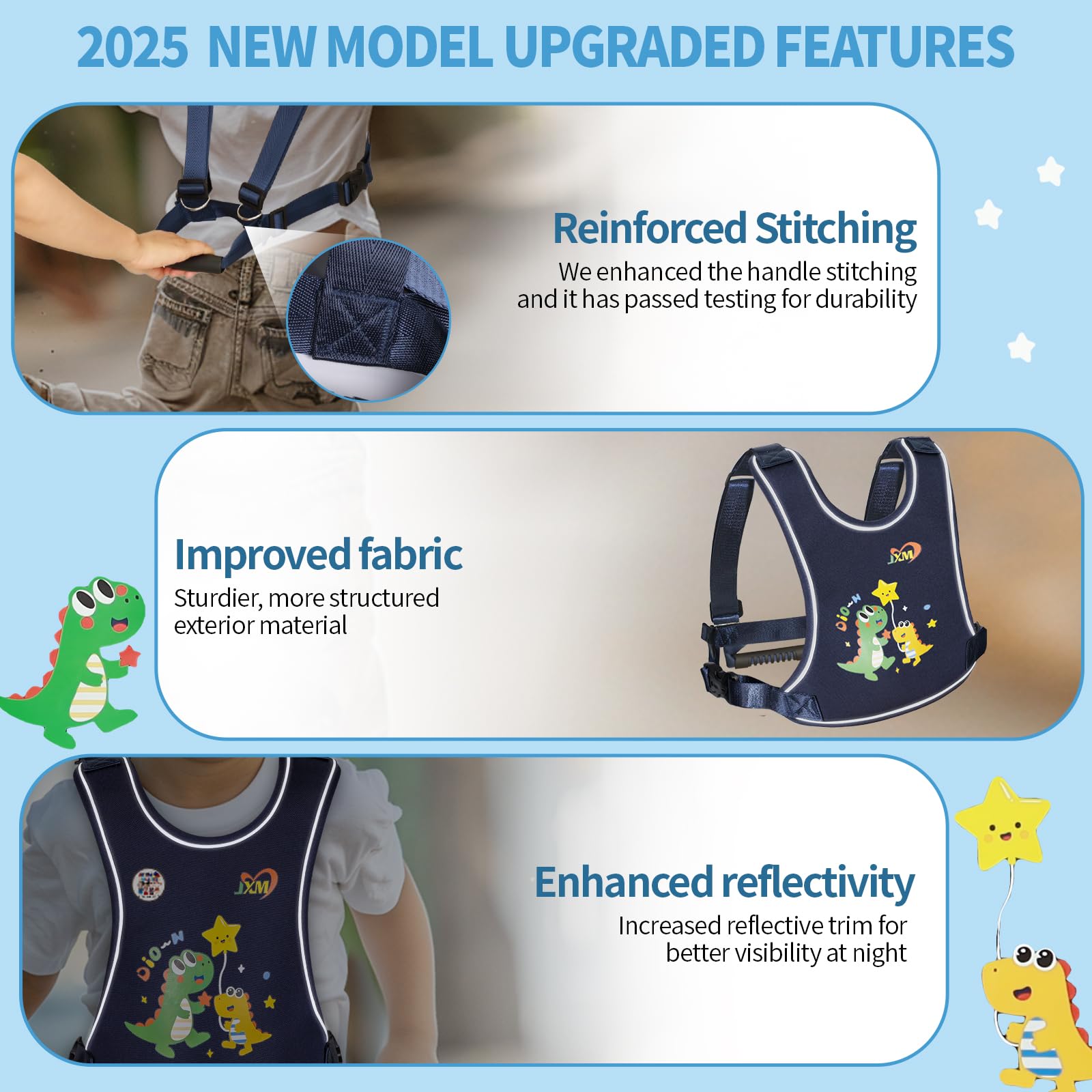 JXM harness shoulder straps adjust for growing children in busy environments.