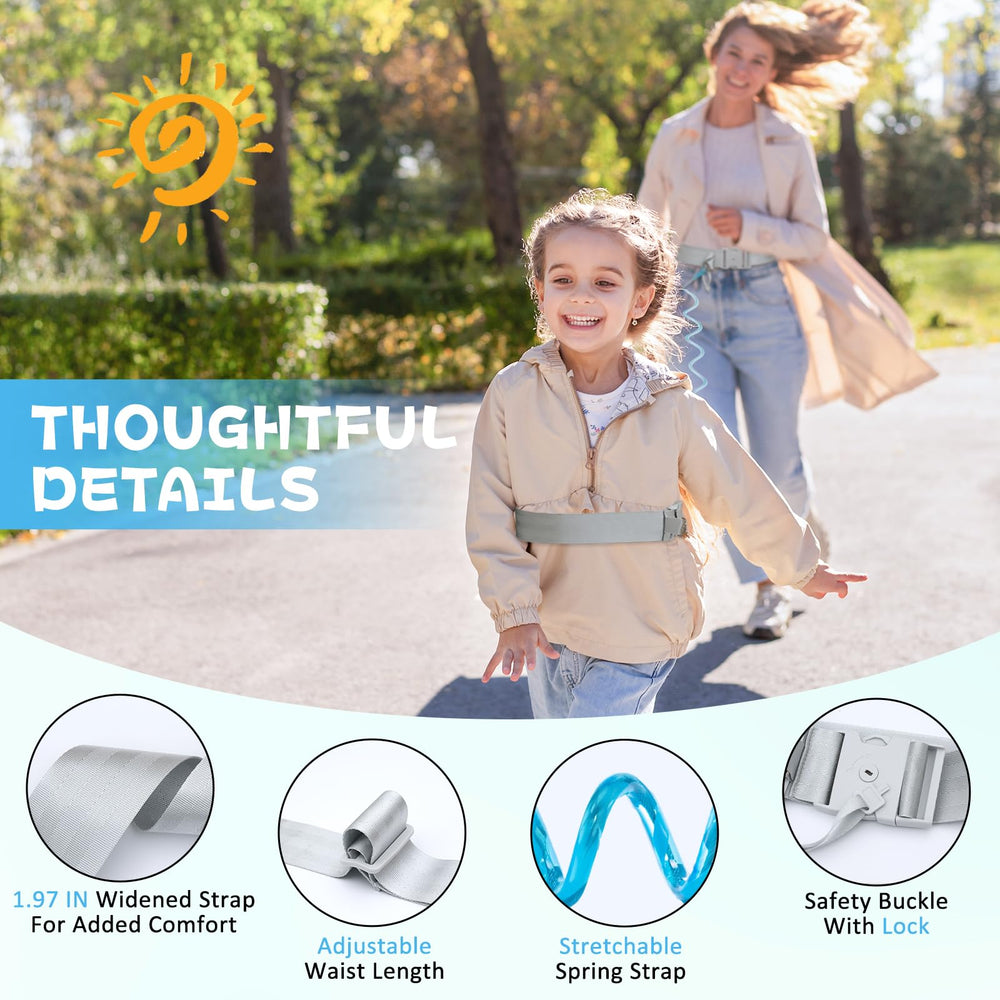 JXM Upgraded Child Waist-Harness Adjustable Fit shown on parent and child during travel.