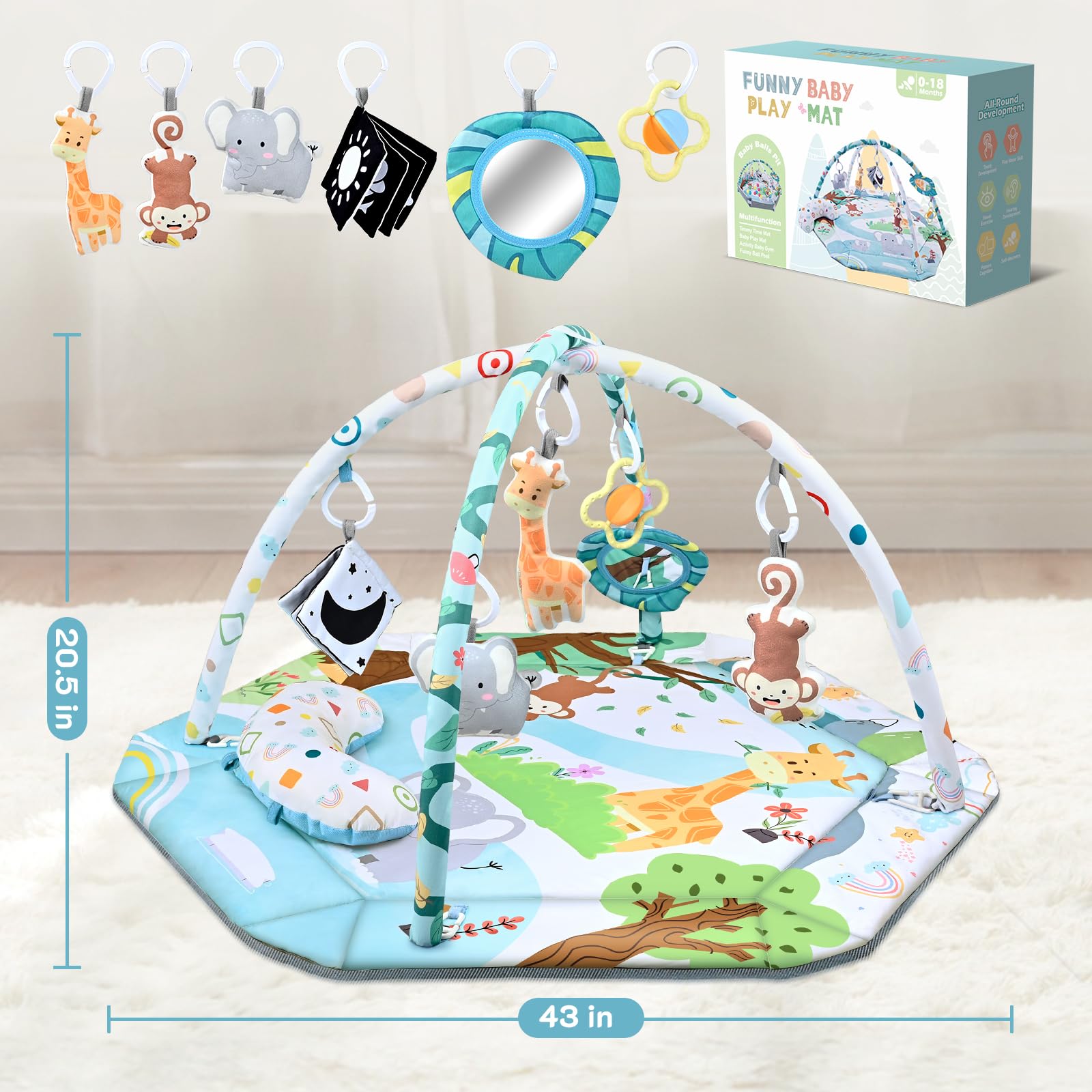 Jyusmile Baby Gym Play Mat ball pit area offers space for exploratory play (ball not included).