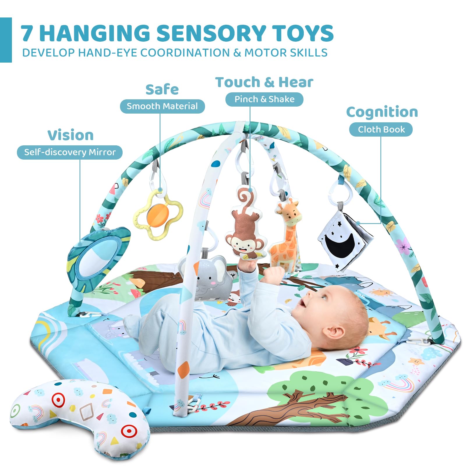 Jyusmile Baby Gym Play Mat hanging animals stimulate visual and tactile exploration.