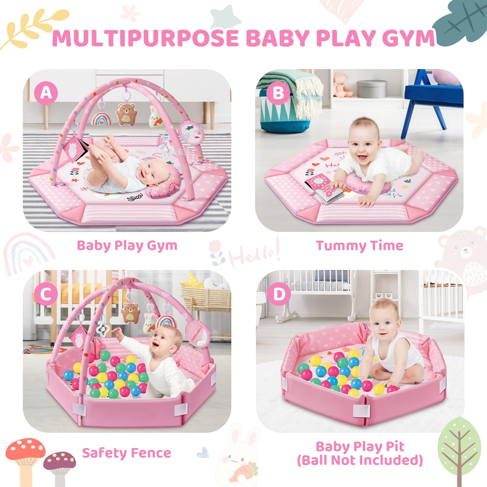 Jyusmile Baby Gym Pink Detachable Toys shows 6 toys for visual, auditory, and tactile engagement.