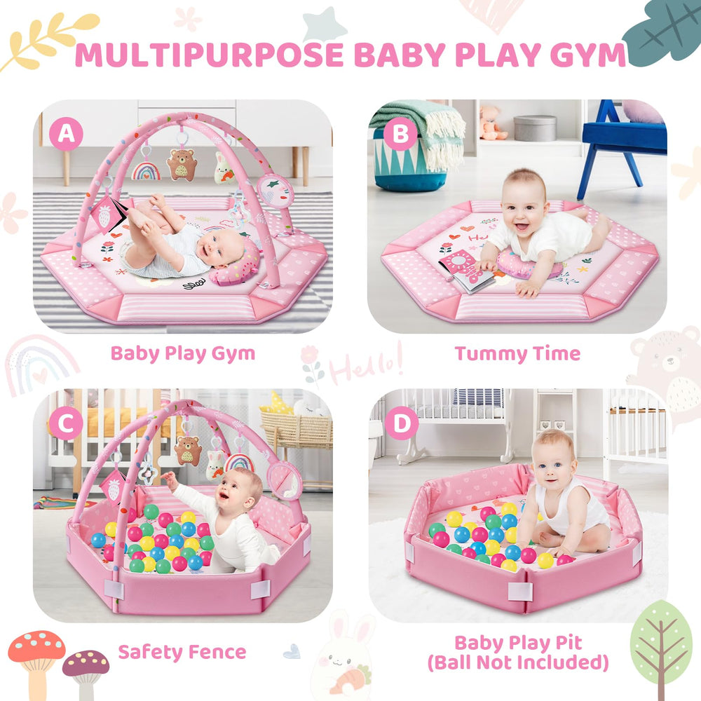 Jyusmile Baby Gym Pink Detachable Toys shows 6 toys for visual, auditory, and tactile engagement.