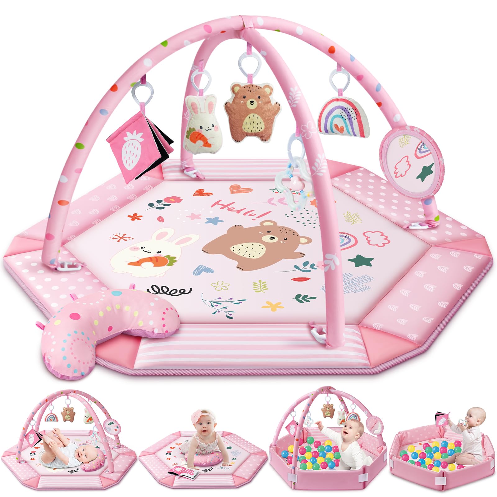 Jyusmile Baby Gym Pink Mat Flat shows a spacious play area for tummy time and exploration.