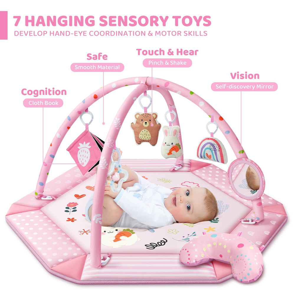 Jyusmile Baby Gym Pink Tummy Time Moon image highlights extended tummy-time boosts and head control practice.