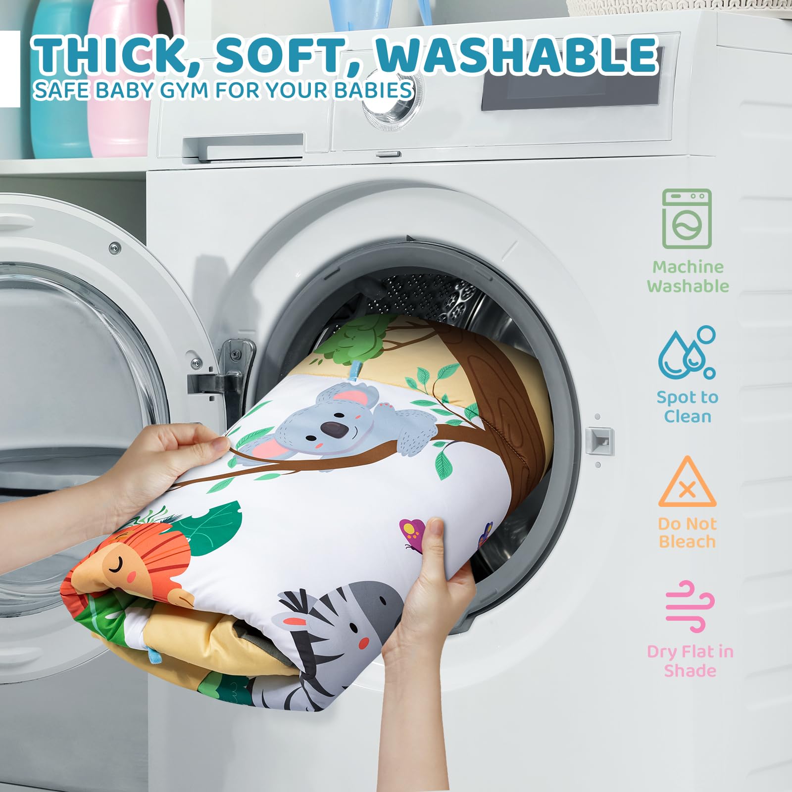 Jyusmile washable fabric image emphasizes easy cleaning between play sessions