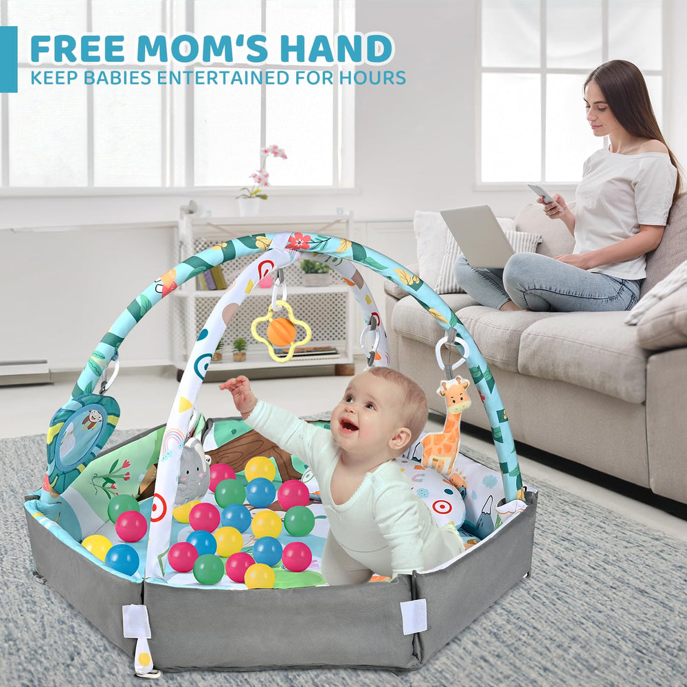 Jyusmile Baby Gym Play Mat rattle toy adds gentle auditory cues during play.