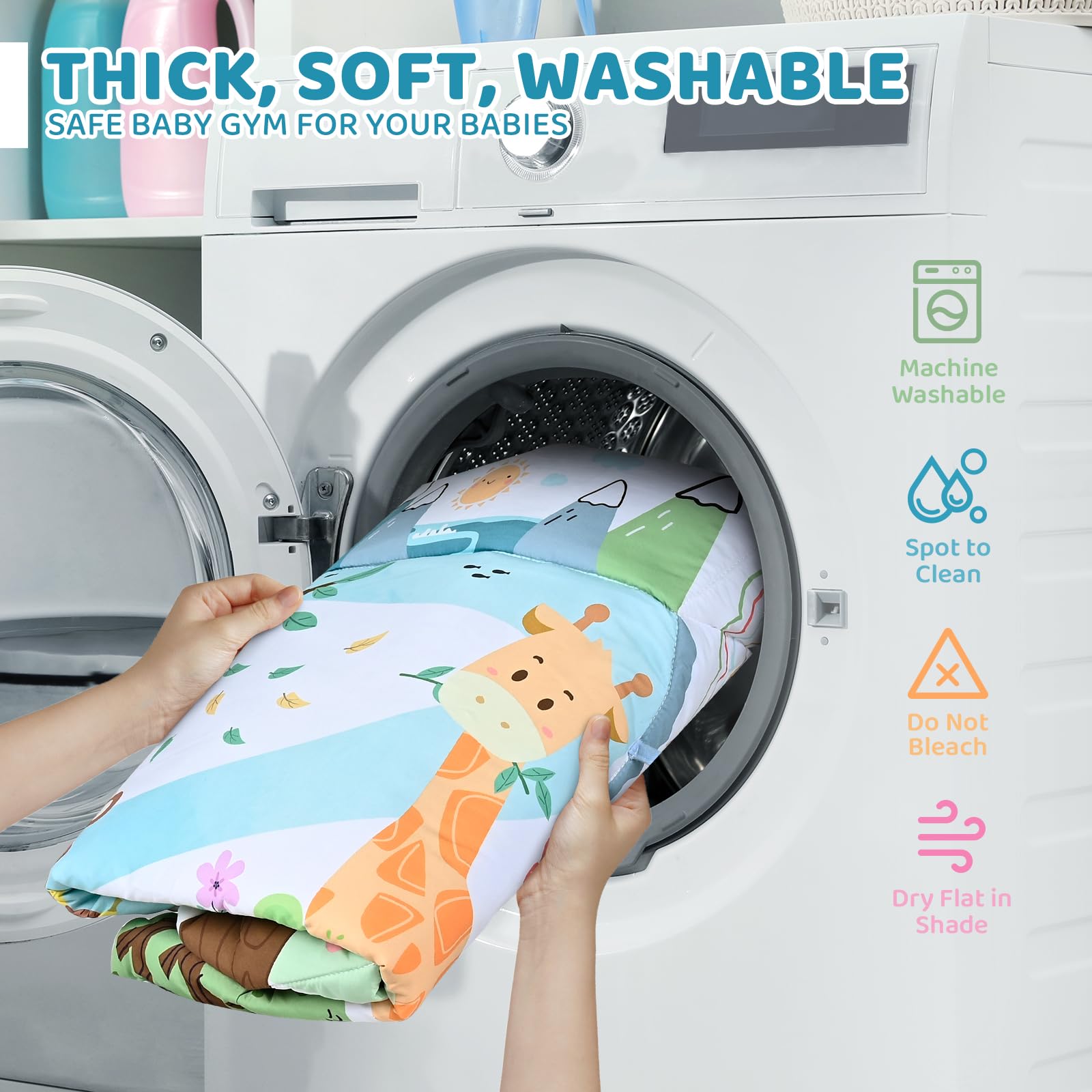 Jyusmile Baby Gym Play Mat moon pillow supports comfortable tummy time and neck strength.