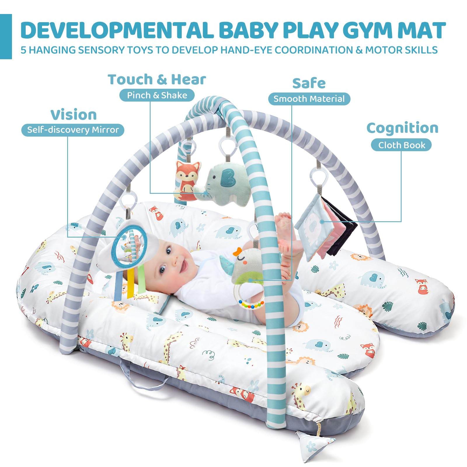 Jyusmile Baby Play Mat with 5 removable toys stimulates curiosity from all angles.
