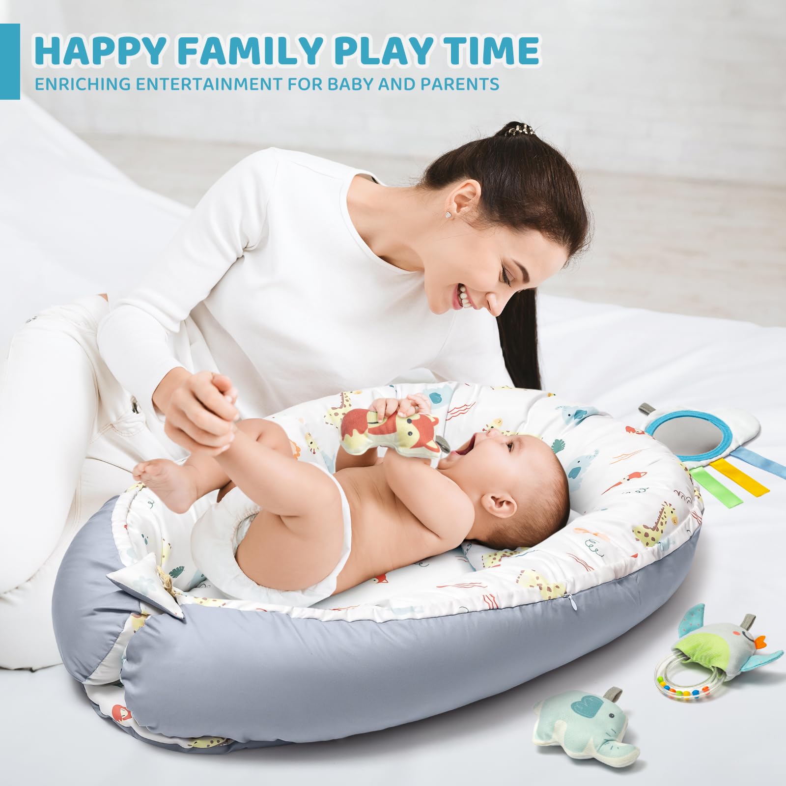 Jyusmile Play Mat features self-discovery mirror to encourage visual tracking and interaction.