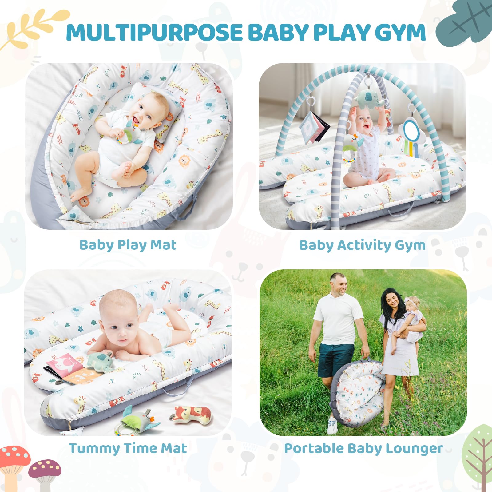 Jyusmile Baby Play Mat U-shaped bumper provides 360-degree protection during play.