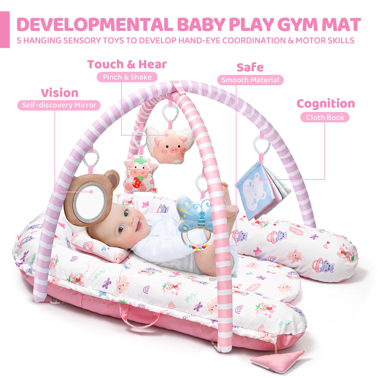 Jyusmile pink play mat shows five removable toys for grasp and reach practice.