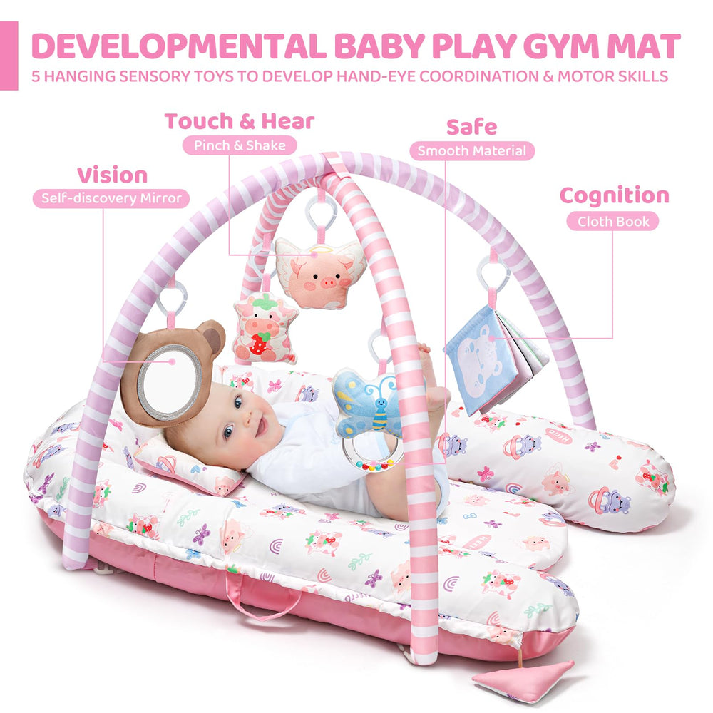 Jyusmile pink play mat shows five removable toys for grasp and reach practice.