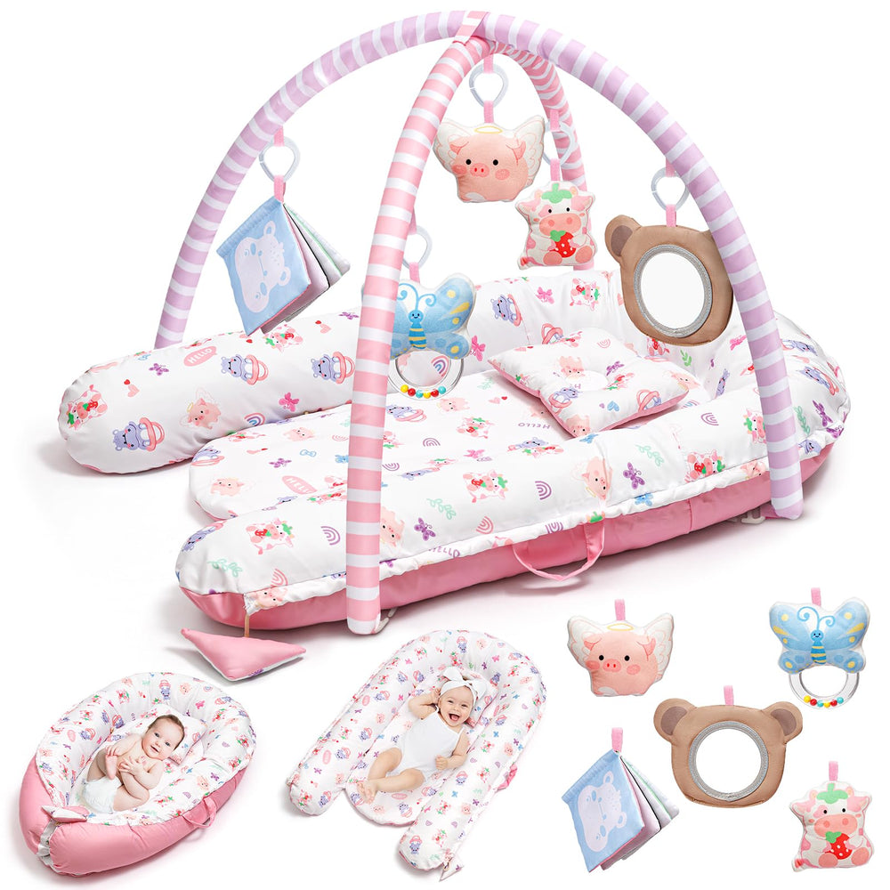 Jyusmile pink baby play mat 7-in-1 setup supports sensory exploration for newborns.