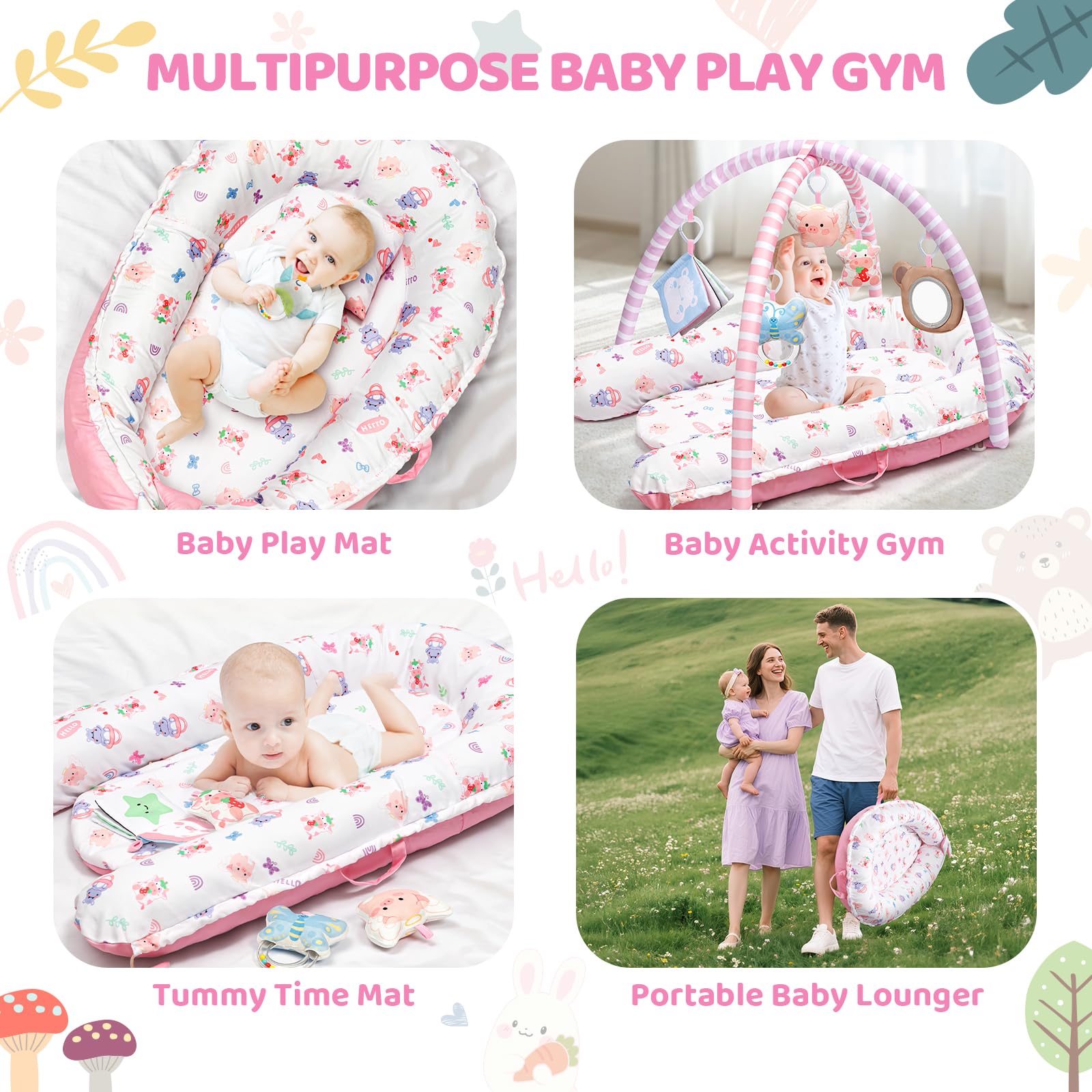 Jyusmile self-discovery mirror on pink play mat encourages gaze shifting.