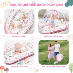 Jyusmile self-discovery mirror on pink play mat encourages gaze shifting.