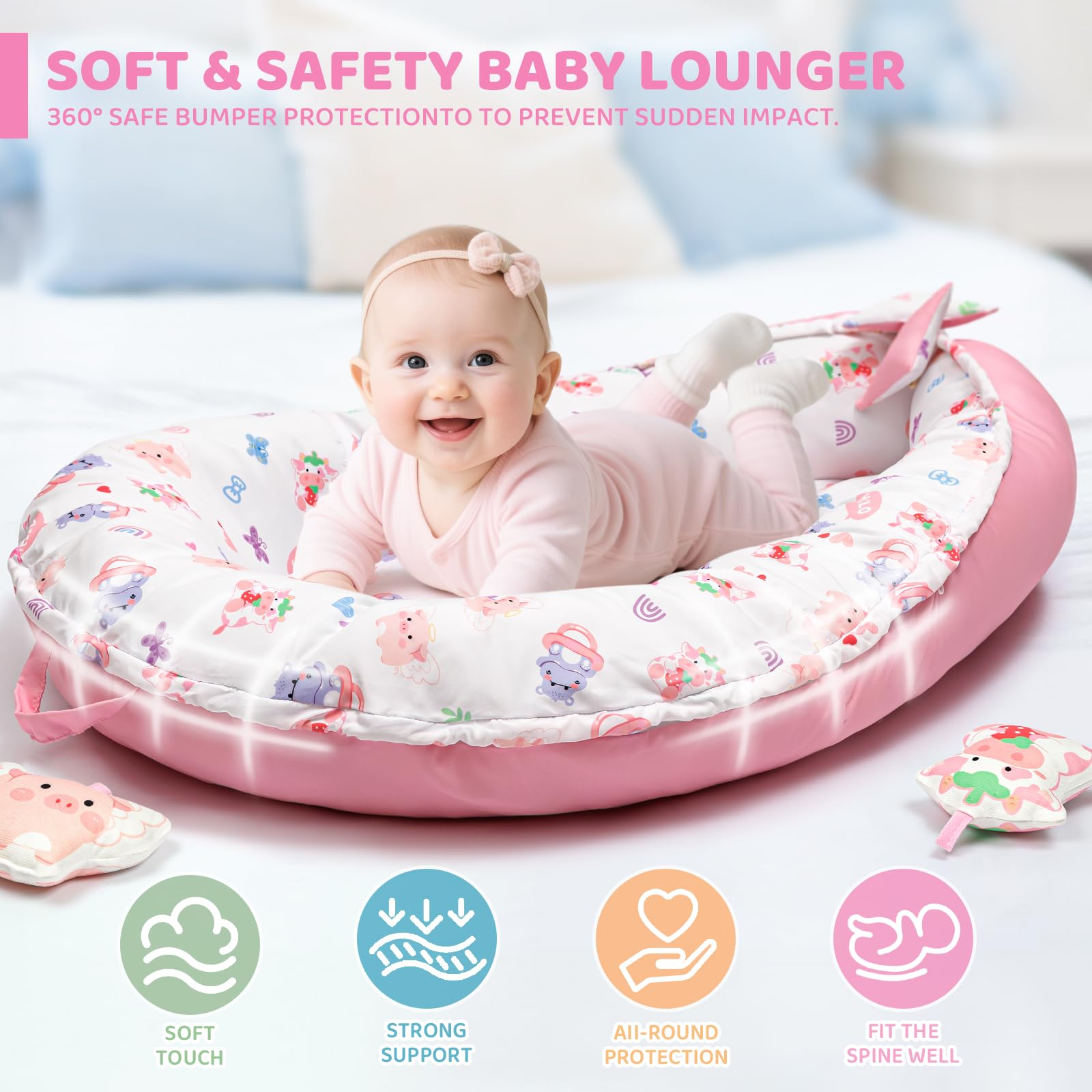 Soft bumper on Jyusmile pink mat cushions movement and protects baby.