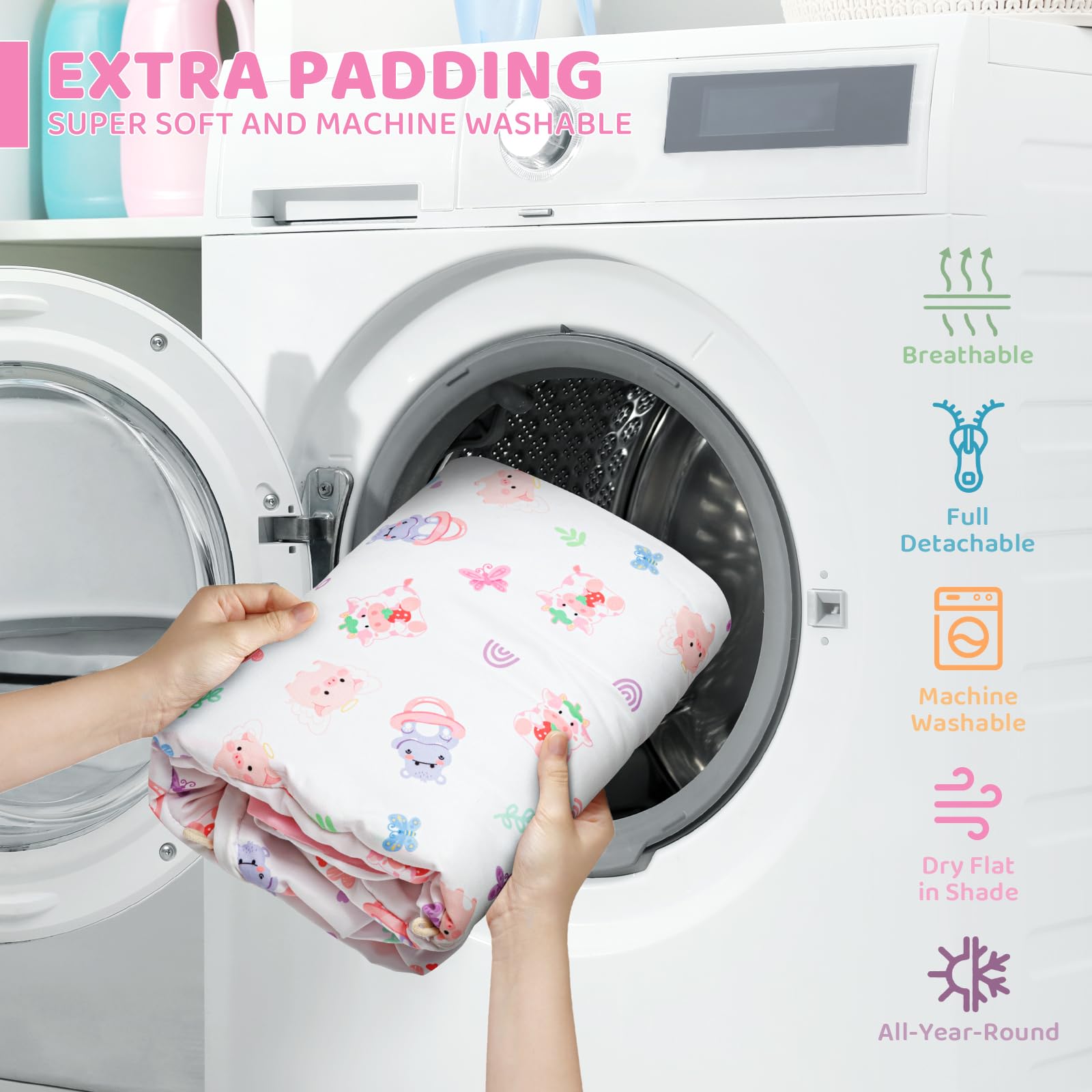 Jyusmile pink play mat fabric is machine-washable for easy cleanup.